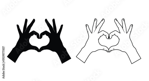 Two hand silhouettes forming heart shapes one black and one white