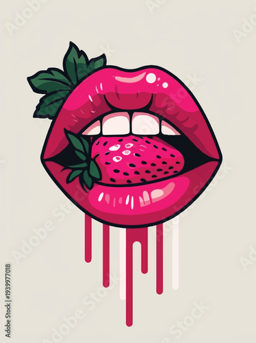 Vibrant pop art illustration of glossy pink lips biting into a fresh, juicy strawberry, with stylish drips flowing down.