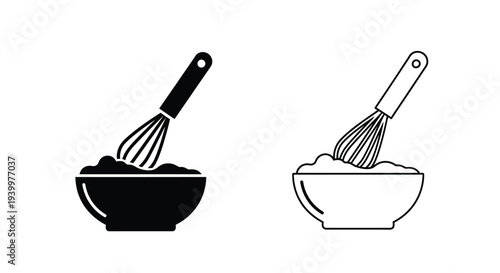 Two black and white illustrations of a whisk in a bowl