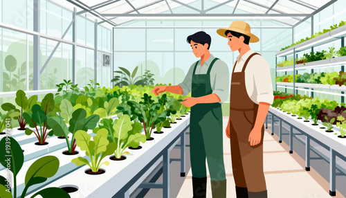 Two farmers inspect leafy greens in a modern greenhouse. They stand beside rows of growing plants in hydroponic trays. Their expressions show focus and satisfaction with their crop