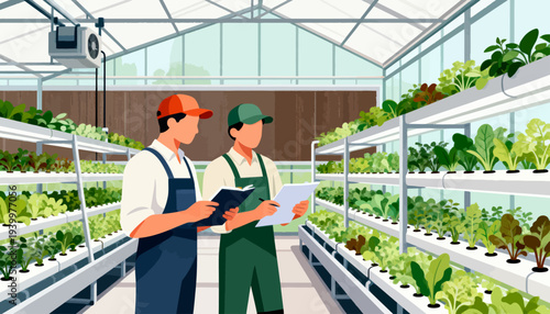 Two workers inspect crops in a bright greenhouse. They examine data with tablets, focused and collaborative. Rows of leafy greens grow under controlled lighting