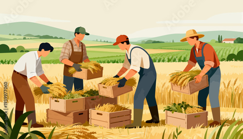 Farmers gather golden wheat in a vast, sunlit field. They work together, hands full, smiling with satisfaction. Stacks of crates hold their harvest under warm afternoon skies