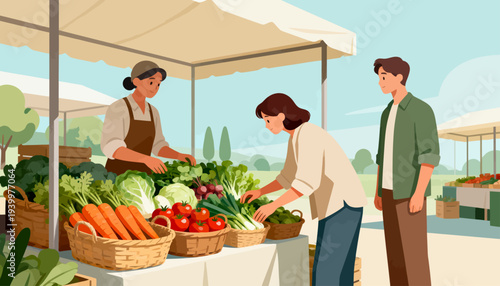 Bright market stall offers fresh vegetables. Woman smiles as she selects produce. Man watches with gentle interest nearby. Cartoon style adds warmth and charm. Ideal for health, lifestyle