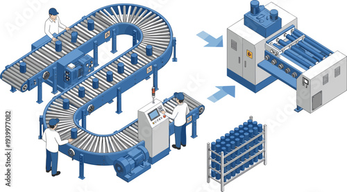 Industrial automated production line vector illustration with workers, blue conveyor belt system, factory machinery, and manufacturing process equipment isolated on white background for design.