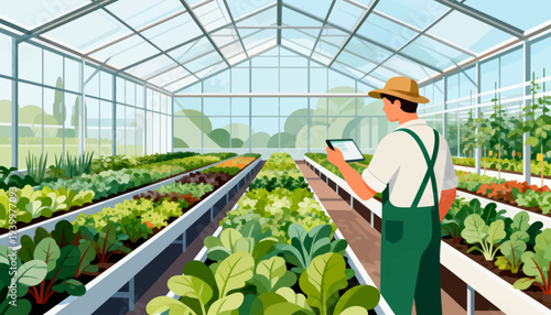 Farmer checks crops with tablet in glass greenhouse. Rows of leafy greens stretch under bright natural light. Greenhouse has transparent roof and walls for full sunlight. Farmer wears hat and overalls