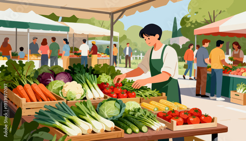 Woman smiles, arranging fresh vegetables at bustling market stall. Carrots, corn, cabbage, tomatoes, and greens fill wooden crates. Shoppers browse under bright awnings, surrounded by greenery