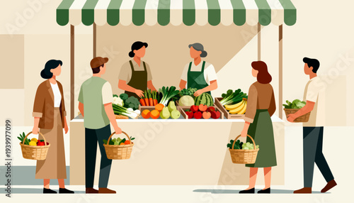 Farmers sell colorful produce under striped awning. Shoppers browse baskets, smiling warmly. Vibrant veggies, fruits, and greens fill the stall. Scene suggests fresh, local, community-driven commerce