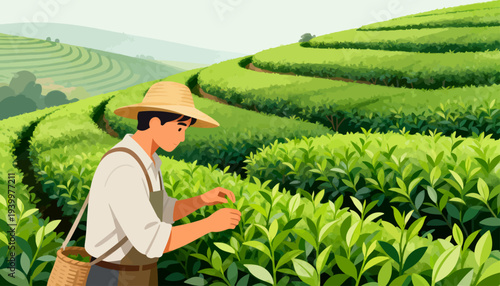 Farmer wears straw hat, bends low to pick leaves. Green hills roll gently under soft morning sky. Baskets rest at side, filled with fresh harvest. Careful hands select only the finest tea shoots