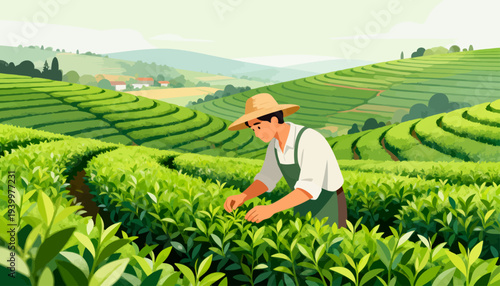 Farmer tends to tea bushes on rolling hills. Green fields stretch under soft, warm sunlight. Worn hat shields his face from the sun's glare. Hands gently pluck leaves with quiet care