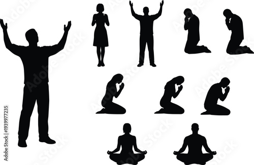 Black silhouettes of people in various prayer and meditation poses including kneeling praying standing with raised arms and yoga lotus position isolated on white background