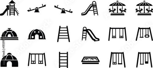 Large set of black playground equipment icons featuring slides swings see-saws carousels sandboxes and climbing frames for park and school recreation design