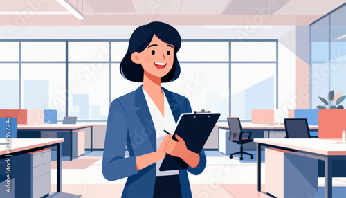 Smiling professional holds clipboard in modern office. Bright space with desks, chairs, and large windows. She appears confident, focused, and ready to work. Ideal for business, planning