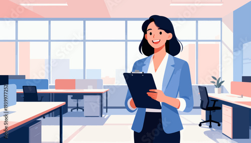 Young woman smiles warmly, holding a clipboard. She stands confidently in a bright, modern office space. Large windows let in soft, natural light. Blank desks and chairs surround her