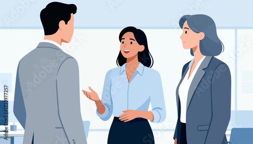 Three professionals engage in a thoughtful conversation. The woman gestures while speaking with confidence. Her colleagues listen attentively in a modern office