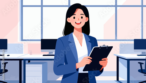 Smiling professional holds clipboard in office. Bright room features desks, screens, and large windows. Woman appears confident and ready for work. Ideal for business, education