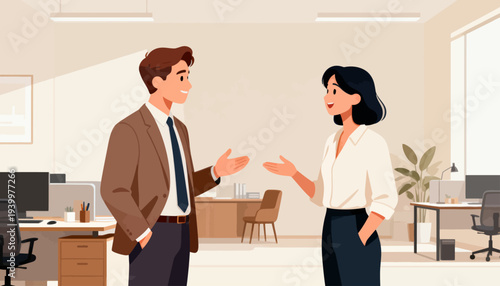Two professionals converse in a modern, minimalist office. They gesture animatedly, suggesting a productive discussion. The woman smiles warmly, showing confidence and engagement