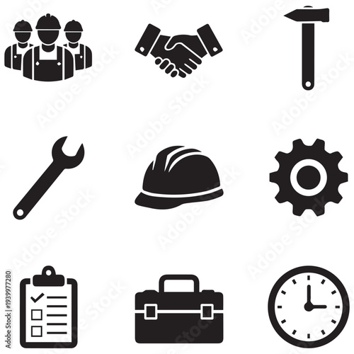 Black icons for business, industry and tools on white background