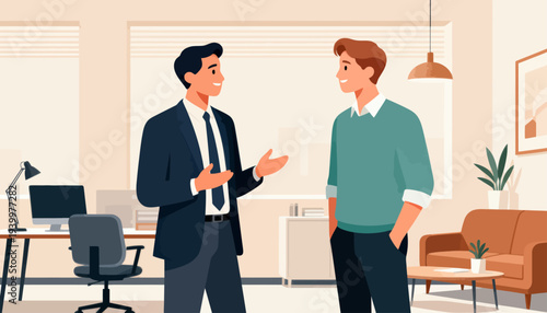 Two men converse in a modern office space. One gestures while speaking, showing engagement. The other listens attentively, relaxed and open. Warm lighting and clean furniture create a calm tone