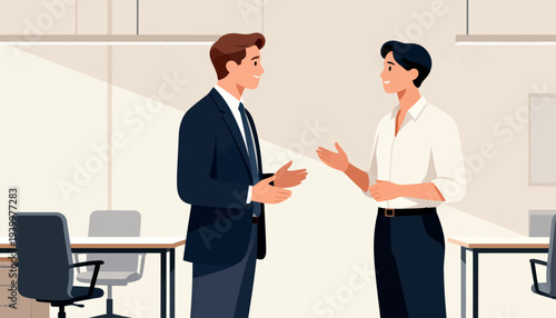 Two professionals converse in a modern office space. They gesture actively, signaling engagement. Neutral tones and clean lines define the environment. Ideal for business meetings or team discussions