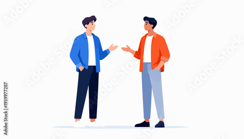 Two men stand facing each other, mid-conversation. One gestures with open hands, showing openness or explanation. The other responds with matching hands, indicating engagement