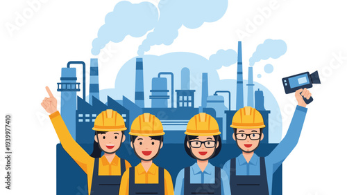 Group of four happy factory workers in safety helmets and uniforms standing before an industrial manufacturing plant.