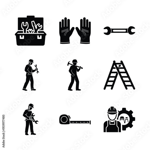 Set of construction and repair icons with workers and tools