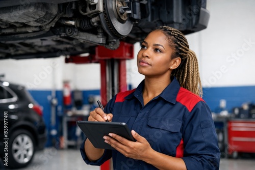 Wallpaper Mural Female mechanic inspecting car with tablet in auto repair shop setting. Ai generative Torontodigital.ca