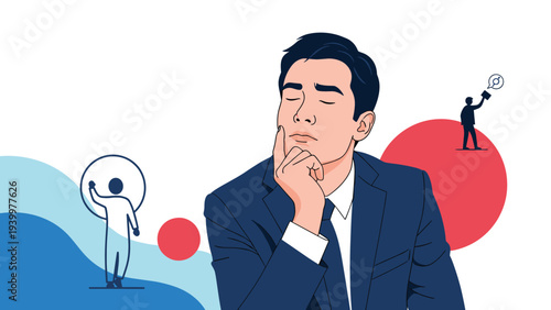 Pensive businessman in a suit thinking deeply with small figures representing his ideas and thoughts beside him.