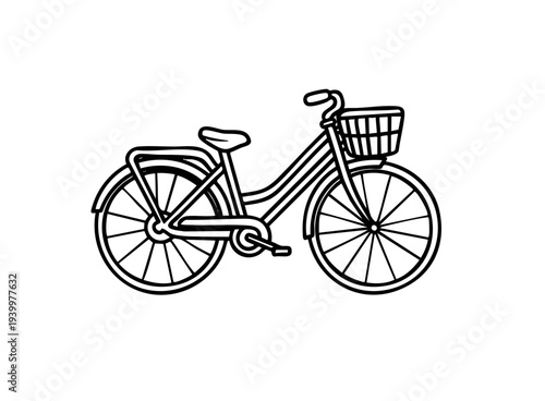 Vintage purple bicycle with basket isolated on white background line art illustration