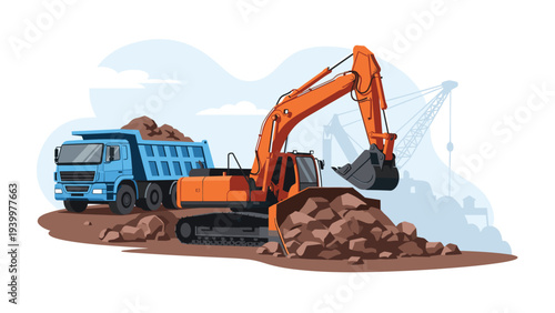 Heavy duty orange excavator and blue dump truck working together moving rocks and soil at a construction site.