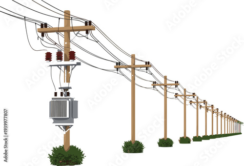 Perspective view of a long row of wooden utility poles with an electric transformer and overhead power lines isolated on a white background