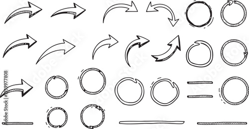 Set of black and white circular and arrow arrows outline