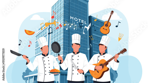 Three professional chefs in white uniforms and tall hats standing in front of a blue hotel with flying musical notes.