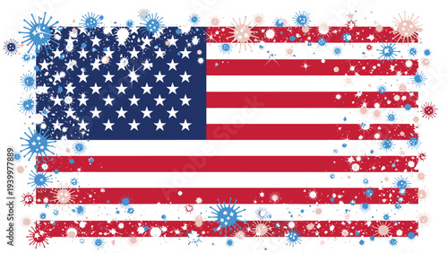 United States flag surrounded by numerous blue red and grey coronavirus particles representing the pandemic impact.