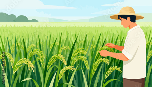 Farmer checks rice stalks in lush green field. Wearing straw hat and simple shirt. He gently touches mature rice grains. Serene landscape with distant hills. Soft blue sky and gentle breeze