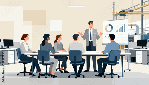 Team gathers around a presenter in a modern office. One man stands, gesturing, as colleagues listen attentively. Large screen displays charts behind him. The room features clean lines