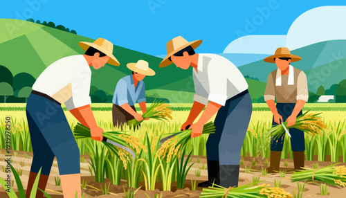 Farmers harvest golden rice under bright blue skies. They wear wide-brimmed hats and work together. Fields stretch wide, rolling hills in the distance. Each person bends low