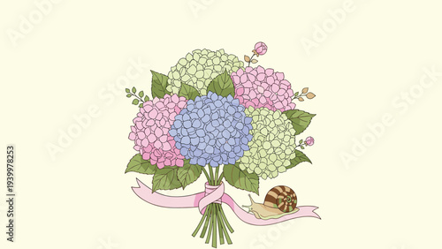 Beautiful bouquet of pink blue and green hydrangea flowers with a small snail crawling on a soft pink ribbon.