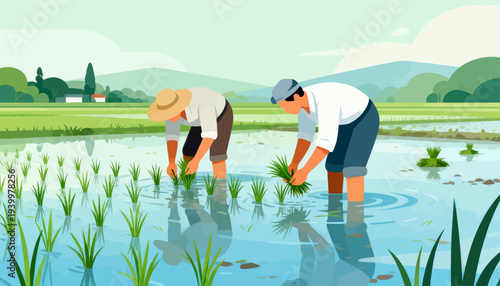Two farmers work in a flooded rice field. They bend low, planting young green shoots. Water reflects the sky and their efforts. Mountains frame the tranquil rural scene. Ideal for agriculture, farming