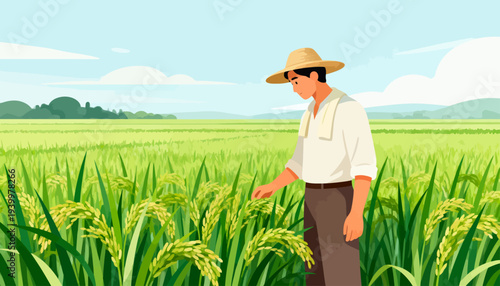Farmer stands tall in golden rice field. He wears straw hat and white shirt. Green stalks sway gently in breeze. Sunlight glows softly over rolling land. Calm focus shows care for crops