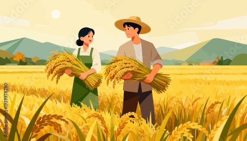 Two farmers stand tall in golden wheat fields. They hold bundles of ripe grain, smiling at each other. Sunlight glows warmly over rolling hills in the distance. This serene harvest moment captures joy