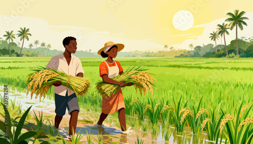 Two farmers walk through a golden rice field at sunset. They carry harvest bundles, smiling under warm light. Palm trees line the horizon, framing the tranquil scene