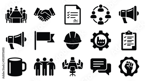 Collection of business and teamwork icons representing meetings, agreements, communication, leadership, and industry.