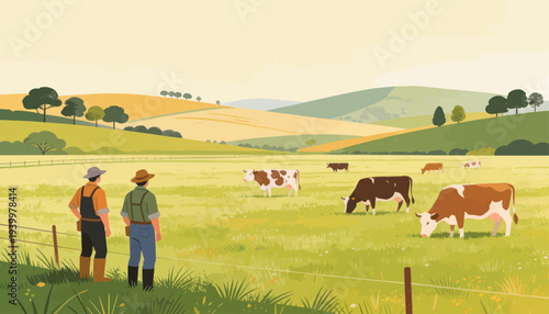 Two farmers stand in a vast green field. Cows graze peacefully nearby. Distant hills roll under a soft sky. The scene feels calm and tranquil. Ideal for agricultural or pastoral themes
