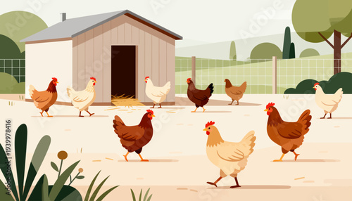 Chickens roam freely near a cozy barn. Soft colors create a peaceful, pastoral mood. They walk, peck, and explore their fenced yard. Gentle greens and earthy tones enhance the calm scene