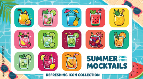 Collection of colorful summer mocktail icons with fruits and garnishes, set against a pool background with sunglasses and watermelon slices.