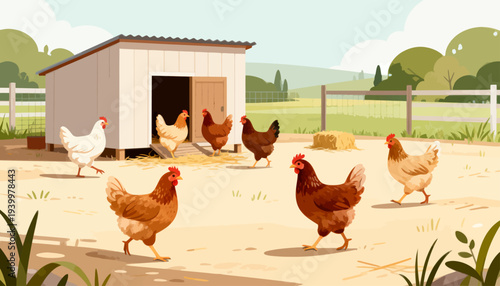 Chickens roam freely near a wooden coop. Sunlight bathes the farmyard in warmth. Hay bale rests quietly beside the fence. Green trees frame the tranquil rural scene. Animals move naturally, unprompted