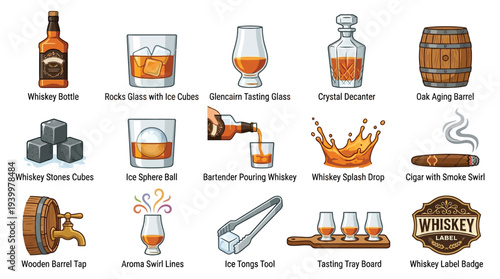 A comprehensive collection of illustrations depicting various elements associated with whiskey, including bottles, glasses, barrels, and accessories.