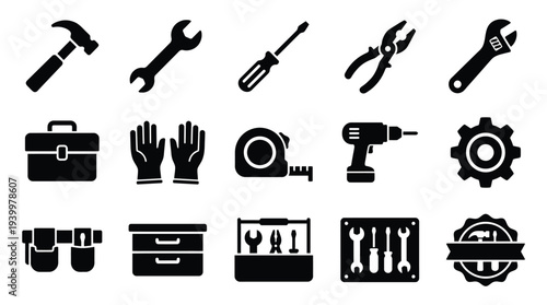 A collection of various tools and equipment for construction, repair, and DIY projects, including a hammer, wrenches, screwdrivers, pliers, a drill, and a toolbox.