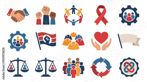 A collection of diverse icons representing unity, teamwork, social justice, and community support.